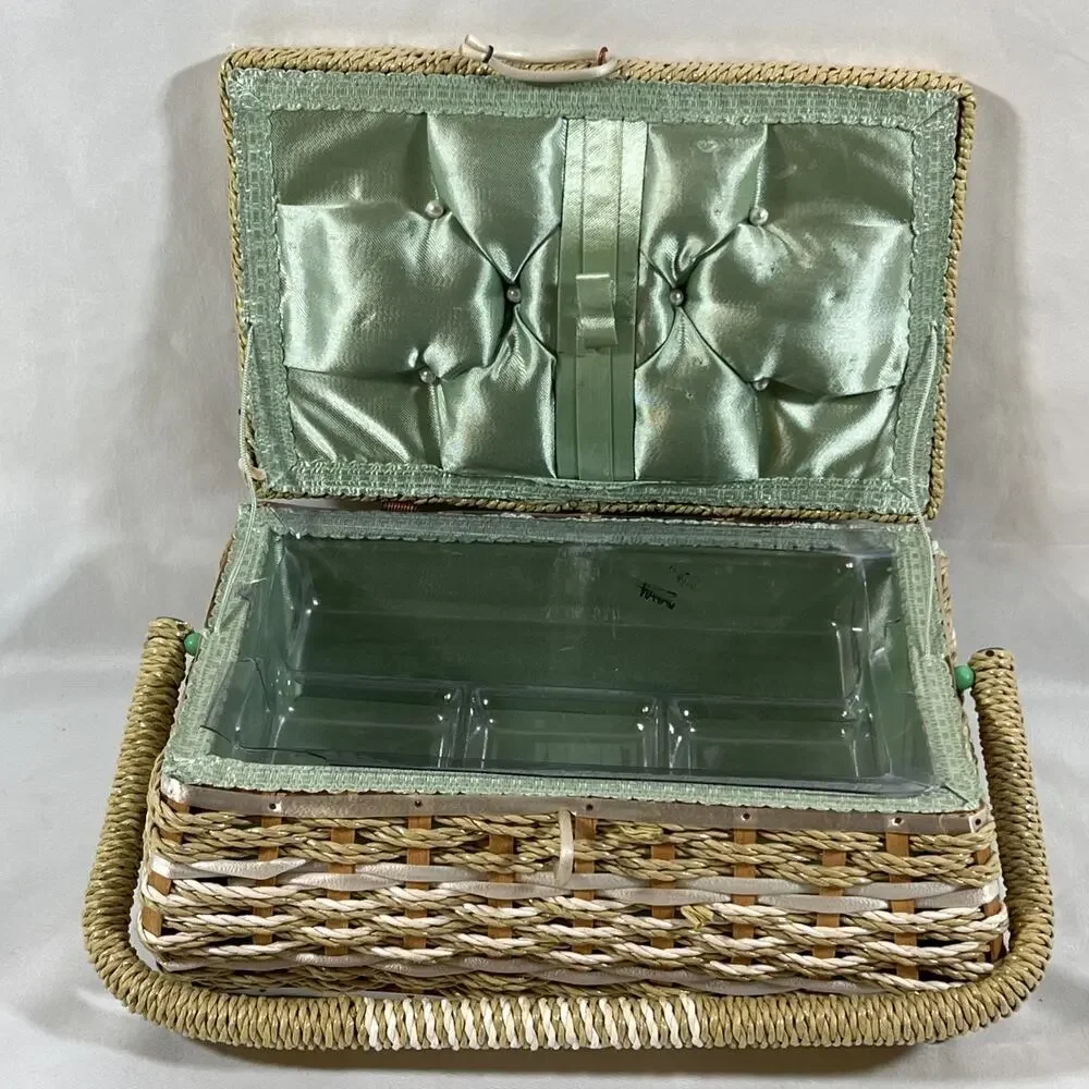 Vintage Woven Straw Wicker Sewing Basket Box Handle Satin Lining Rectangle